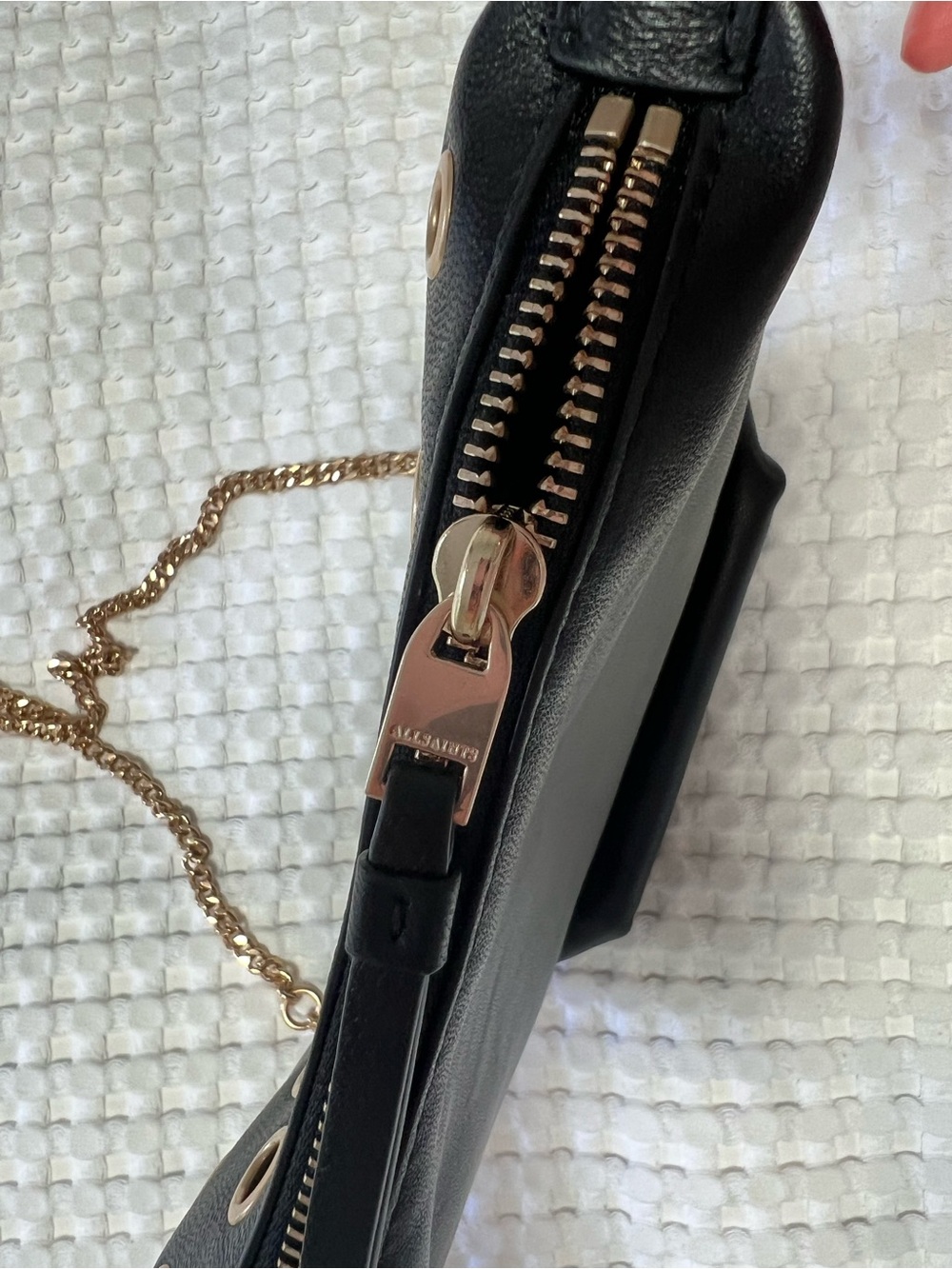 AllSaints Evaline Eyelet Leather Crossbody Bag Black Gold Chain - Picture 9 of 14